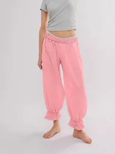 Women casual pink corduroy pants loose high waist ruffle flare trousers spring summer
