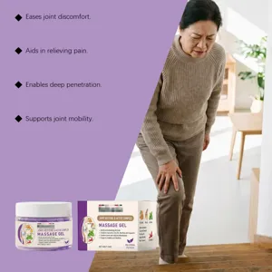 Mujer mayor con dolor de rodilla junto al gel de masaje Joint Restore and Active Complex