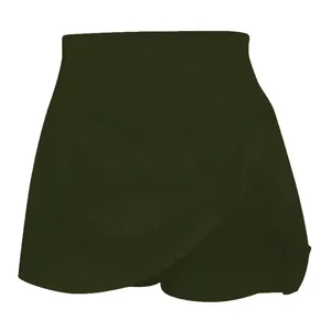 Détail avant d'une jupe-short portefeuille vert olive foncé au design épuré et uni