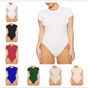 Women's Sexy Slim Fit Short Sleeve Round Neck Bodysuit Casual Solid Color Elastic Fashion Jumpsuit Top Basic Bodysuit
