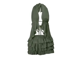 Haut dos nu vert olive halter et mini-jupe à volants superposés vue détaillée mode.