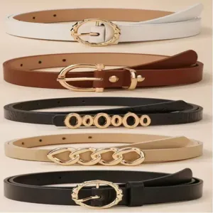 Women's skinny belt set featuring various metal buckles and colors, perfect for dresses.