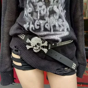 Punk style leather belt with rhinestone skull buckle and double row pyramid metal studs