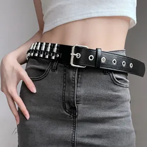 Punk style black leather belt with metal bullet decoration and pin buckle fashion accessory.