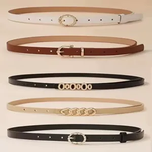 Detailed view of fashion women thin waist belts with various metal buckles for sweater coats.