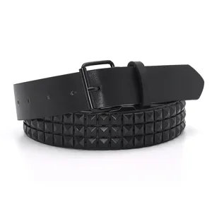 Detailed view of punk style black PU leather belt featuring three rows of pyramid studs