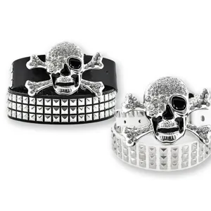 Punk style rhinestone skull studded leather belt set, black and white gothic waist accessories.