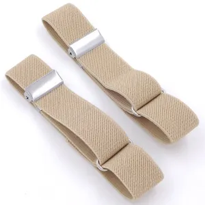 Elastic khaki shirt sleeve garters, adjustable metal clip arm bands for men detail.