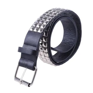 Detailed view of black PU leather belt featuring three rows of silver pyramid studs.