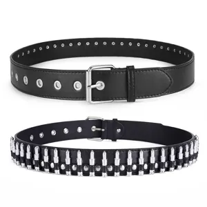 Punk style men black leather belt set featuring metal eyelets and cool bullet decorations.