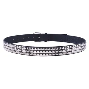 Detail view of black PU leather punk belt featuring triple rows of silver square rivets