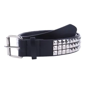 Detail of black PU leather belt featuring three rows of silver pyramid studs and square buckle