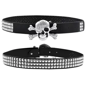 Punk style black leather belt featuring metal pyramid studs and sparkling rhinestone skull buckle.