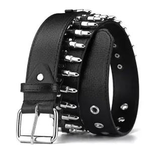 Men's punk rock gothic black leather belt with metal bullet decorations and pin buckle.