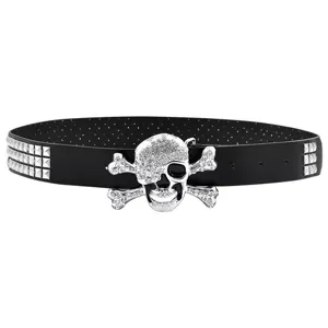 Close-up of the rhinestone skull buckle and metal pyramid studs on the black leather belt.