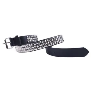 Detail shot of a black PU leather belt with three rows of silver pyramid studs.