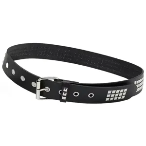 Detailed view of black punk style belt decorated with silver pyramid studs and metal eyelets