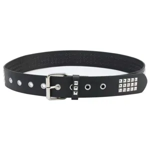 Cintura punk in pelle PU nera con borchie a piramide quadrate argento e fibbia in metallo