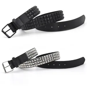Black and silver punk-style PU leather belts with three rows of square pyramid studs