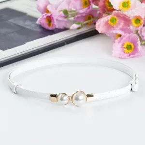 Minimalist white thin leather belt with pearl buckle detail for dresses and shirts.