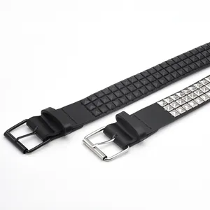 Detail view of punk style PU leather belts featuring three rows of pyramid studs