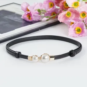 Elegant women thin black belt with double pearl buckle, perfect for dresses and sweaters.