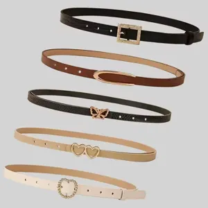 Close-up details of womens thin waist belt set, featuring five unique metal buckles.