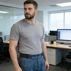 Office style adjustable elastic lazy belt detail view showing buckle and magic tape design