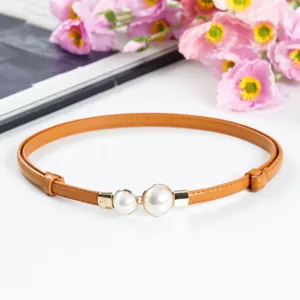 Slim brown waist belt for women with chic double pearl buckle versatile dress accessory