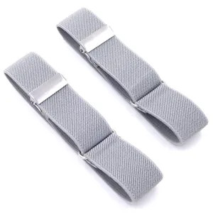 Grey elastic shirt sleeve holders with metal clasps, adjustable arm bands for men and women.