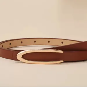 Brown women's thin belt featuring an elegant gold-tone U-shaped metal buckle detail.