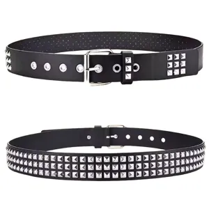 Detail view of punk style black leather belt featuring square silver pyramid rivets