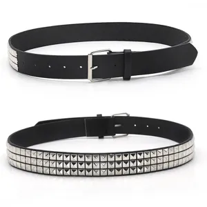 Punk style black PU leather belt featuring three rows of silver square rivets and buckle