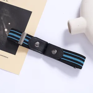 Detail view of the stretch buckle-free elastic belt with blue stripes and adjustable metal clip.