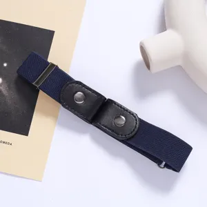 Closeup of elastic buckle-free lazy belt with blue stretch band and black snap leather tabs.