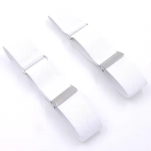 Close up details of white elastic shirt sleeve garters with metal clips and adjustable loops.