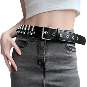 Punk style black leather belt with metal bullet decorations and grommets for daily wear.