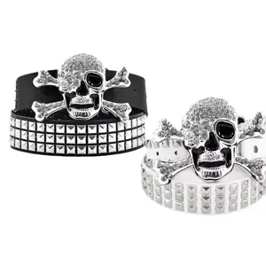 Punk style rhinestone skull buckle studded belt, black and white leather waistbelt.