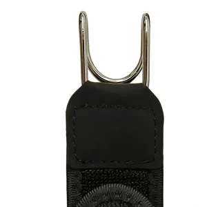 Adjustable outdoor casual belt metal hook and black leather buckle detail closeup