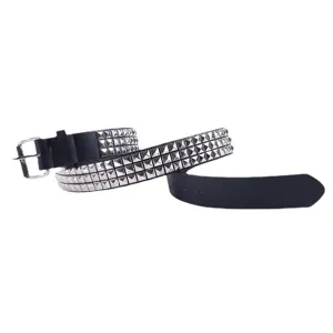 Punk style black PU leather belt with triple-row silver pyramid studs and square buckle