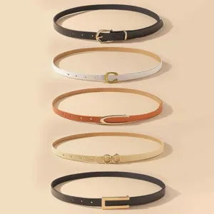 Slim women's leather belt set featuring stylish metal buckles, perfect for dresses, coats and suits.