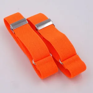 Bright orange elastic shirt sleeve garters with metal clips, adjustable anti-slip arm bands.