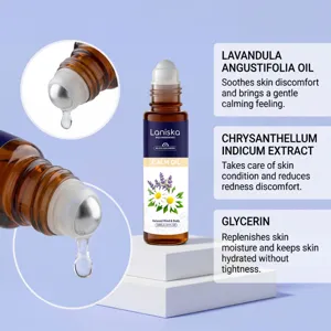 Bouteille à bille d'huile essentielle de lavande avec détails des ingrédients et roll-on