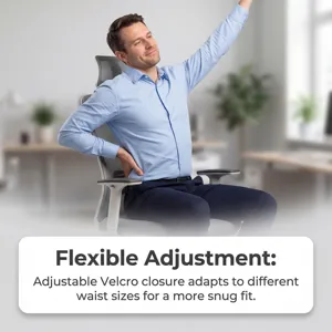 Adjustable waist support belt with breathable fabric and velcro closure for daily comfort and fit.