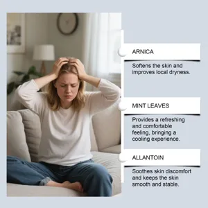Detail infographic showing arnica, mint leaves, and allantoin benefits for skin care