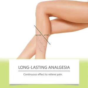 Leg care cream detail view showing before and after effect and long-lasting soothing relief.