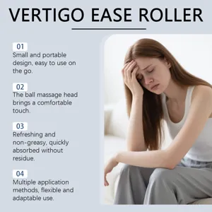 Detailed infographic showing a woman with a headache and benefits of vertigo relief roller.