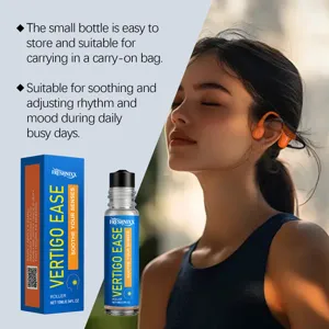 Detail view of VERTIGO EASE rollerball essential oil bottle with soothing lifestyle image