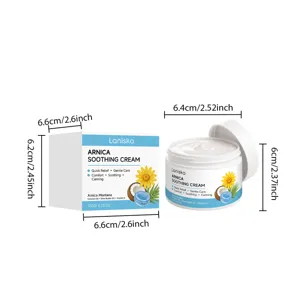 Vasetto e scatola di crema lenitiva all'arnica da 120g con etichette dimensionali