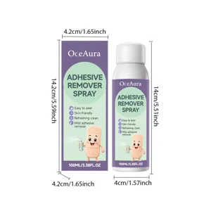 Detail van OceAura lijmverwijderaar spray met productafmetingen en 100ml verpakking.